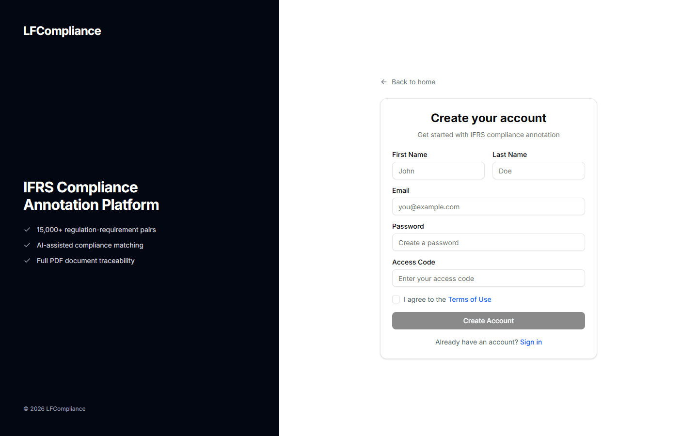 Register page showing the sign-up form